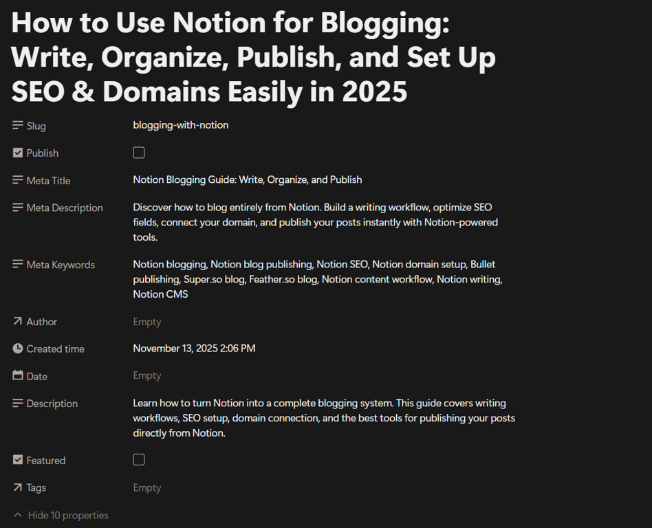 The blog properties for this blog on Notion